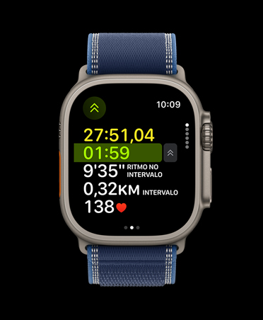 Apple Watch Ultra 3, natural color, titanium case, advanced Outdoor Run workout metrics, band, Trail Loop, blue/bright blue color