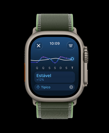 Apple Watch Ultra 3, caixa natural de titânio, gráfico de linha e calendário de carga de exercício, pulseira loop Trail verde-néon