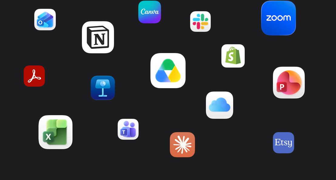 Ícones de apps espalhados sobre um fundo escuro: Microsoft Teams, Microsoft Excel, Canva, Shopify, Microsoft Powerpoint, Claude, Zoom, Notion, Keynote, Slack, Salesforce, Quickbooks, Google Drive, Acrobat Reader, Microsoft Outlook