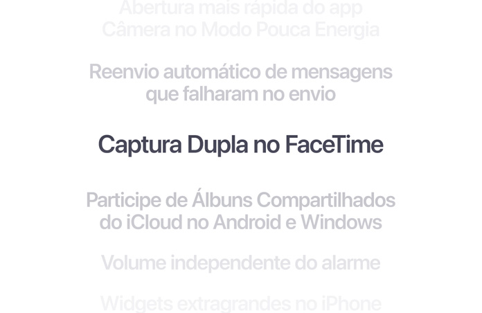 Lista vertical de recursos, com “Melhores sugestões de busca do Spotlight” em negrito no centro. Os recursos acima e abaixo aparecem esmaecidos ao fundo