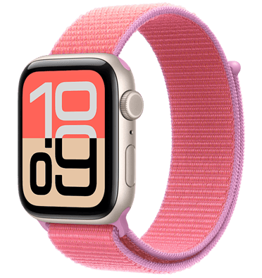 Apple Watch SE 3, aluminum case, starlight colour, Flux watch face, right side exterior, Digital Crown, microphone, side button, Sport Loop band, bright guava colour (hot pink with lavender edging), hook-and-loop fastener