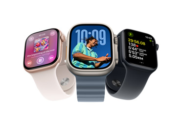 Three Apple Watch devices: Apple Watch Series 11, rose gold colour, aluminum case, Apple Music, playlist controls, right side exterior, Digital Crown, light blush colour Sport Band, silver pin-and-tuck closure, Apple Watch Ultra 3, natural colour, titanium case, edge-to-edge display, photo overlaid on time, right side exterior, Digital Crown, anchor blue colour Ocean Band, tubular fluoroelastomer rubber, Apple Watch SE 3, aluminum case, midnight colour, right side exterior, Digital Crown, advanced Outdoor Run workout metrics