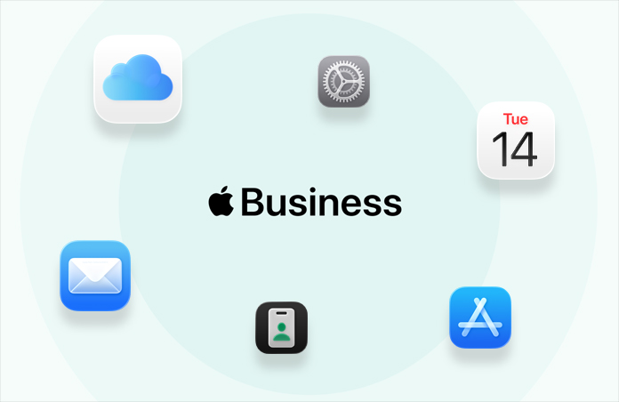 A lineup of business-related apps and tools including iCloud, Calendar, Maps, Apple Business, Mail, Settings and App Store