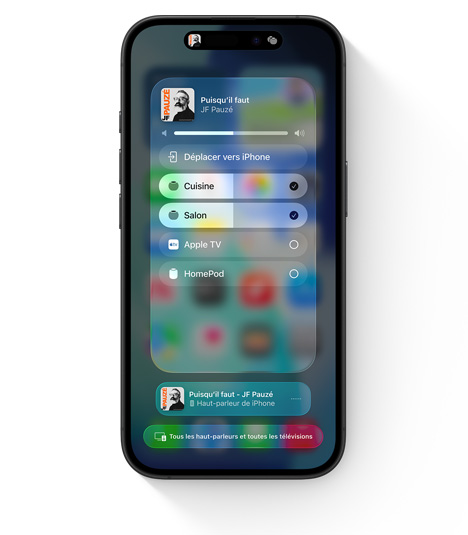 iPhone affichant l’interface d’AirPlay pour la lecture audio dans plusieurs pièces