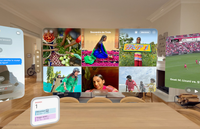 Plusieurs apps et widgets flottent dans un salon, dont les apps Photos, Messages et TV, et le widget Calendrier
