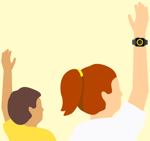 Deux élèves de dos ont le bras levé en classe, l’une porte une Apple Watch