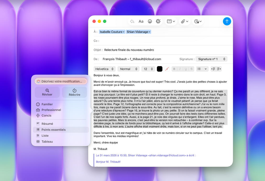Panneau des outils d’écriture Apple Intelligence dans l’app Mail, option Points essentiels sélectionnée