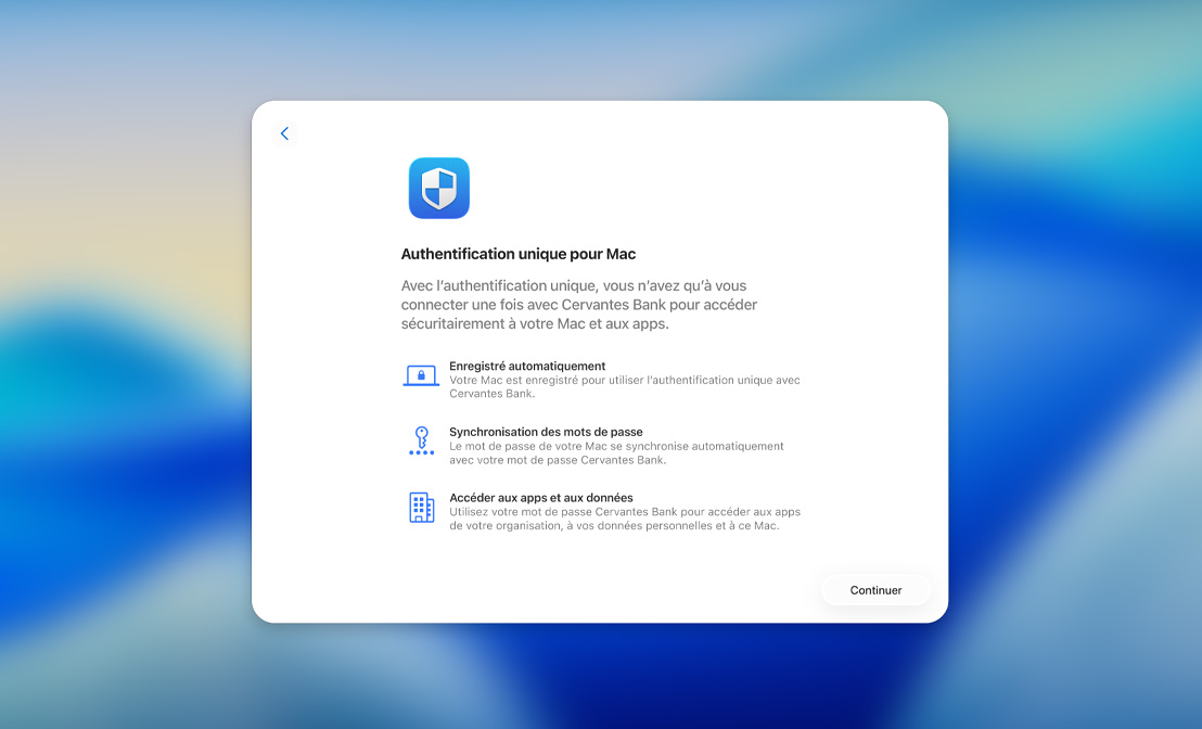 Boîte de dialogue de configuration de l’authentification unique montrant les options d’enregistrement automatique, de synchronisation du mot de passe et d’accès aux apps et aux données