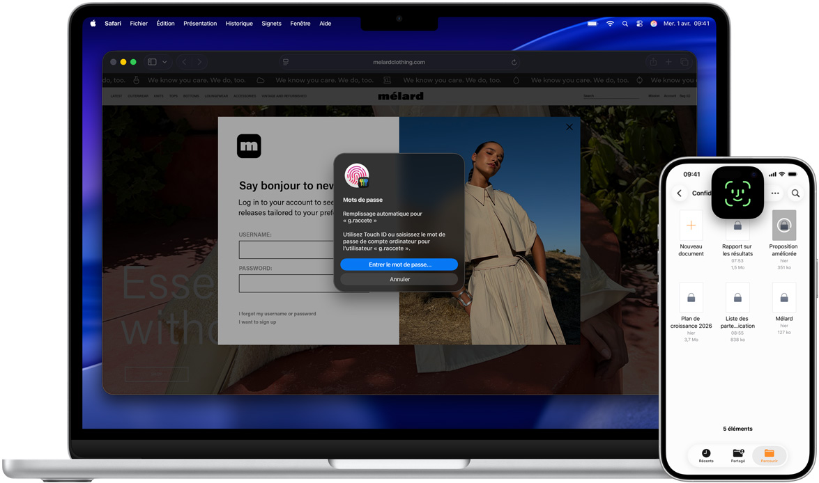 MacBook affichant une fenêtre Touch ID, devant un fond d’écran de macOS Tahoe. Devant le MacBook, un iPhone montre Face ID à l’écran.