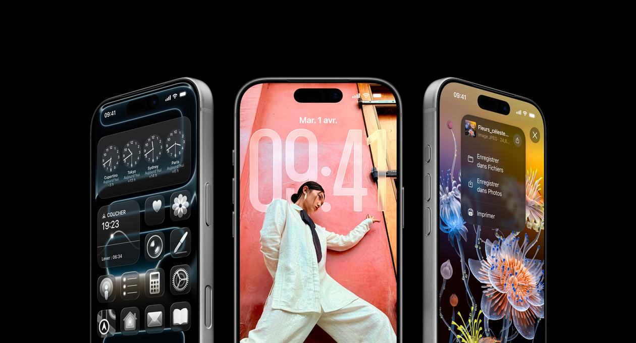 3 modèles d’iPhone 17 Pro, face avant, côte à côte, affichant la fonctionnalité Horloges, l’écran verrouillé d’iOS 26, et comment enregistrer des notes depuis l’app Notes