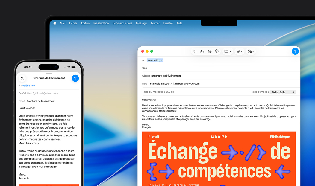iPhone 16 Plus et MacBook Pro, app Mail ouverte, le même brouillon de courriel s’affiche sur les deux écrans
