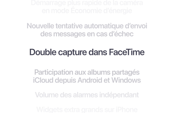 Liste verticale de caractéristiques, celle portant sur l’amélioration des suggestions de recherche Spotlight est affichée en gras au centre. Au-dessus et en dessous, les autres caractéristiques de la liste se fondent progressivement dans l’arrière-plan.