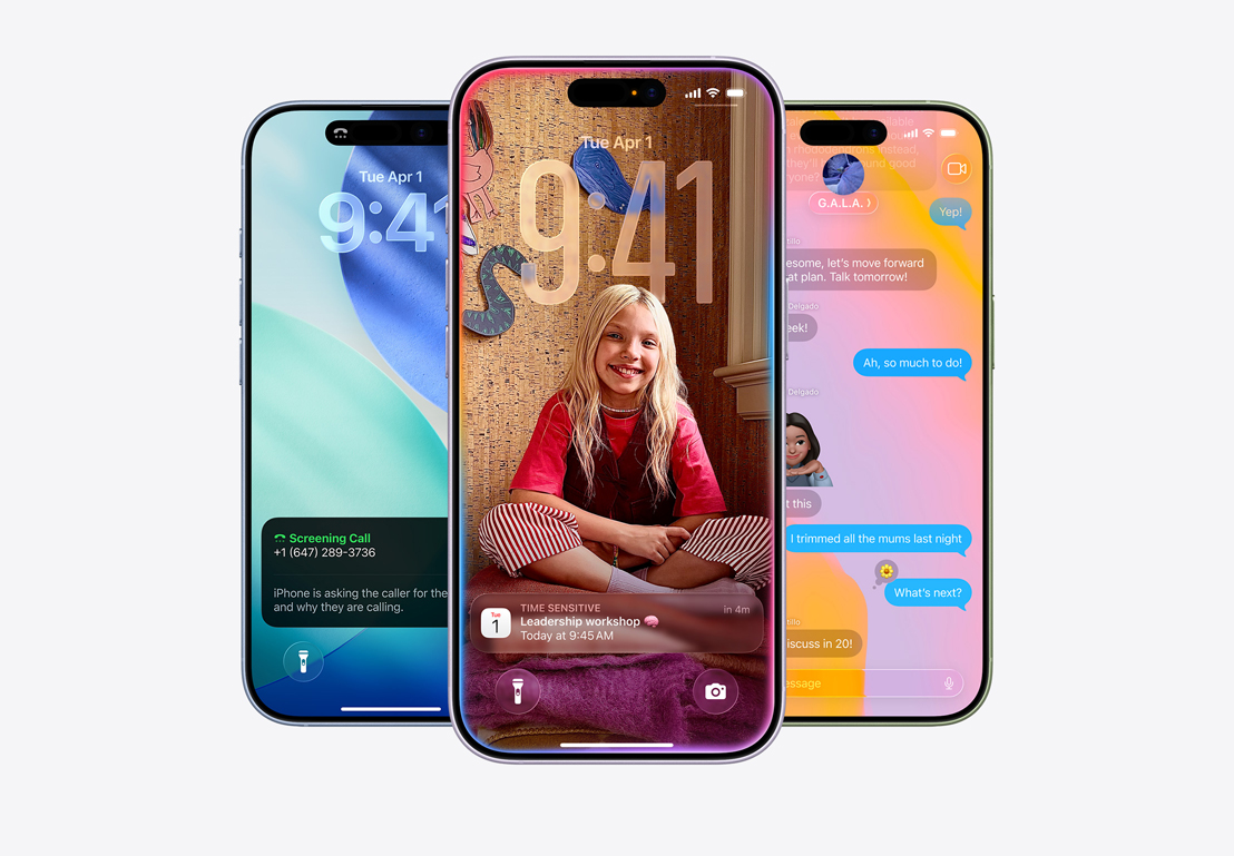 iPhone 17 devices, front exterior, finishes: mist blue, lavender, sage, iOS 26 features - Home Screen with various apps displayed, Calendar pop-up on personalized Lock Screen, iPhone screen showing Messages with Liquid Glass design
