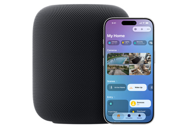 Midnight HomePod with iPhone showing 'My Home' UI on the Home app