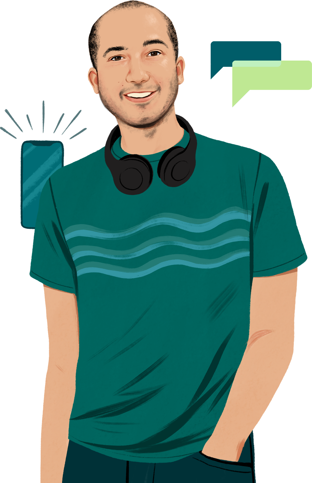 Chris 脖子上挂着耳机、面朝读者微笑的肖像插画，另有一张发出可见声波的 iPhone 插画。