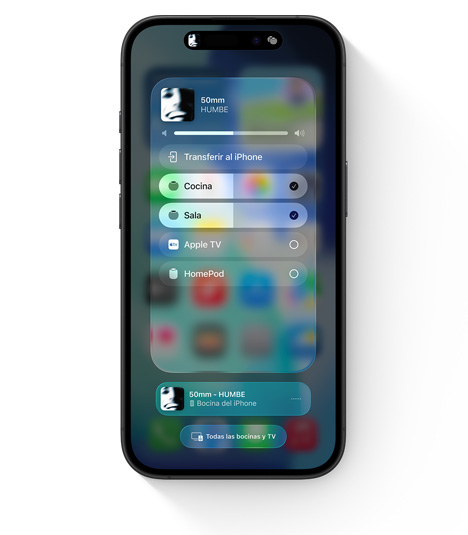 En la pantalla de un iPhone, se muestra la interfaz de AirPlay con reproducción de audio en varias habitaciones