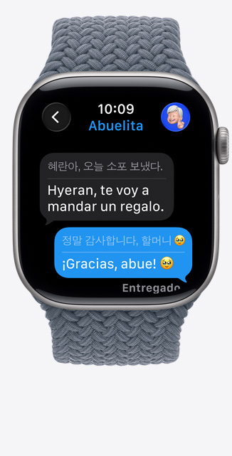 Apple Watch Series 11, caja de aluminio gris espacial, Traducción en Vivo cambia el idioma de iMessage a español, correa uniloop trenzada, color azul ancla