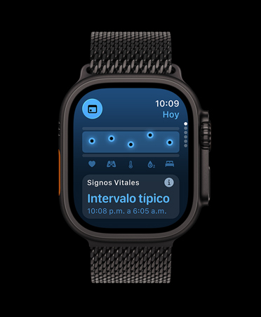 Apple Watch Ultra 3, color negro, caja de titanio, app Signos Vitales, gráfico con puntuación de salud, notificación de valores anómalos de signos vitales nocturnos, correa estilo milanés negra