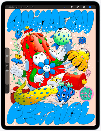 iPad Air, parte frontal, muestra la app Procreate, ilustración digital colorida con varios personajes y objetos
