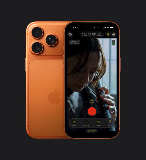 Pantalla de un iPhone 17 Pro que muestra una grabación en ProRes RAW de una mujer tocando el violonchelo