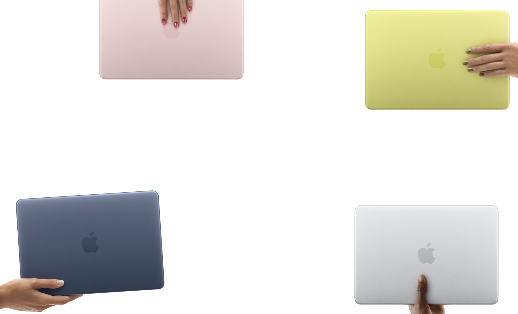 Portátiles MacBook Neo en distintos colores, cada uno en la mano de una persona diferente