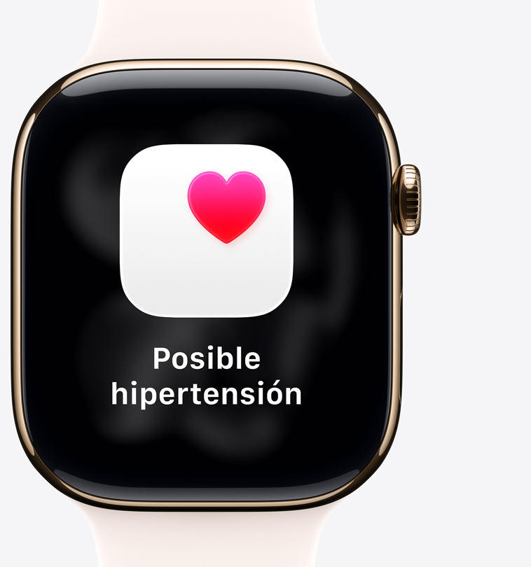 Apple Watch Series 11, caja de titanio, color oro pulido, notificación de posible hipertensión, corazón rosa en un recuadro blanco, parte lateral derecha, Digital Crown, correa deportiva rosa rubor