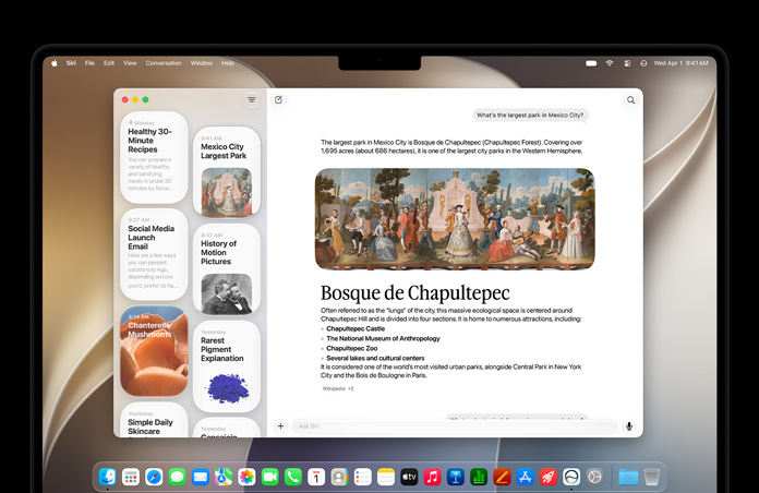 Vesmírně černý 14palcový MacBook Pro, na obrazovce je aplikace Siri s aktivní konverzací se Siri AI a předchozími konverzacemi na bočním panelu.