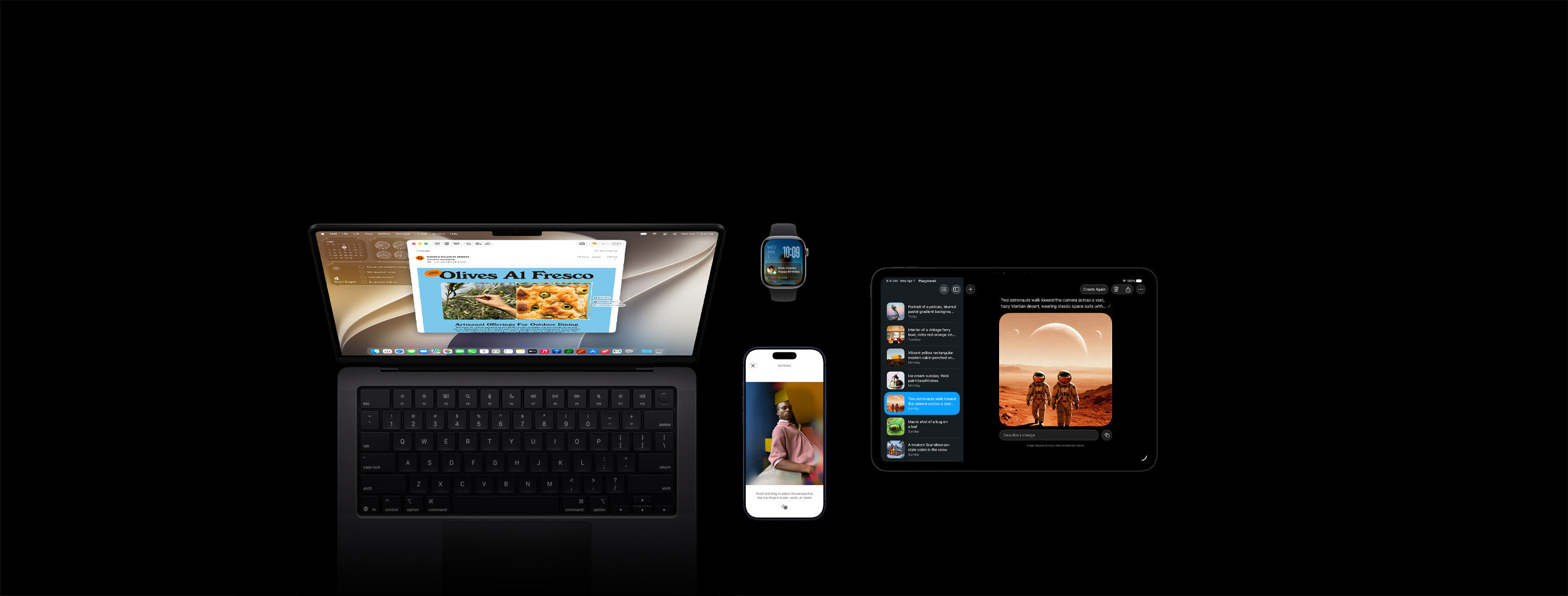 Čtyři produkty včetně temně modrého iPhonu 17 Pro, na kterém je vidět ukázka úpravy fotky osoby opřené o stůl v aplikaci Fotky pomocí Přerámování, vesmírně šedé Apple Watch Series 11 s datem a zamknutým displejem, na kterém je vidět připomínka narozeninového kalendáře v Chytré sadě, vesmírně černý 14palcový MacBook Pro, na kterém je vidět ukázka vizuální inteligence se snímkem obrazovky olivové focaccii z e-mailu a několika pokyny k obrázku, a vesmírně černý 11palcový iPad Pro, na kterém je vidět Image Playground s obrázkem dvou astronautů vybraným ze seznamu na bočním panelu