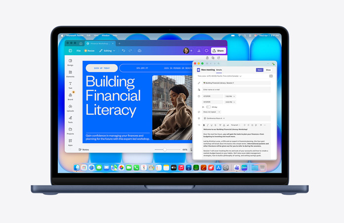 MacBook Neo in Mitternacht, das Display zeigt eine Webseite mit dem Titel „Building Financial Literacy“ mit dem Bild einer Person, ein E‑Mail Entwurf ist geöffnet, die Menüleiste mit verschiedenen Symbolen, unten das Dock mit App Symbolen