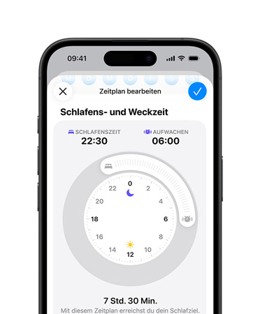 iPhone, Health App mit Schlafenszeiten geöffnet, Schlafenszeit auf 22:30 Uhr eingestellt, Aufwachzeit auf 6:00 Uhr eingestellt, runde Zeitanzeige in der Mitte des Displays, Schlafziel von 7 Stunden und 30 Minuten erreicht