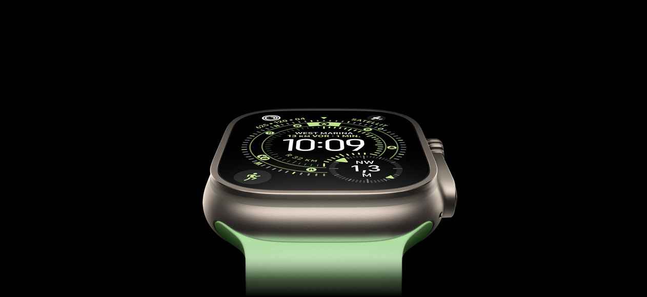 Apple Watch Ultra 3, Titangehäuse Natur, Kompass auf dem Zifferblatt Orientierung, Ocean Armband in Neongrün