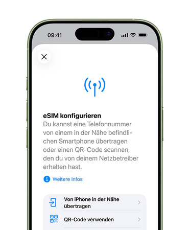 iPhone Air, Vorderseite, das Feature Mobilfunk konfigurieren wird verwendet, um eine Telefonnummer mit eSIM einfach zu übertragen