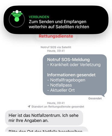 Notruf SOS über Satellit wird verwendet, um den Notruf zu kontaktieren und Hilfe für eine kranke oder verletzte Person zu erhalten