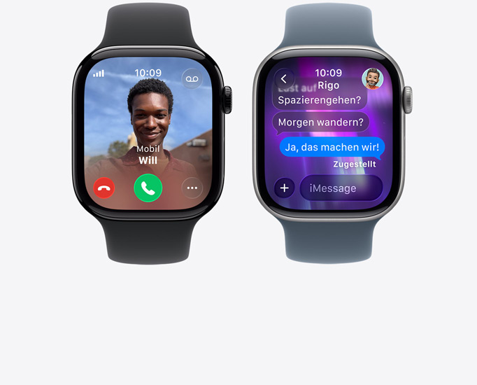 Apple Watch Series 11 Geräte, eingehender Anruf, Kontaktfoto, Tasten zum Annehmen und Ablehnen von Anrufen, iMessage Unterhaltung