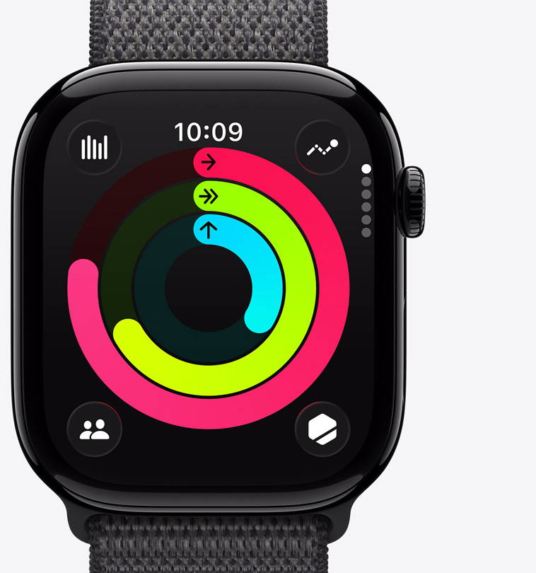 Apple Watch Series 11, Aluminiumgehäuse, Farbe poliertes Diamantschwarz, Aktivitätsringe: Bewegen, Trainieren, Stehen, Digital Crown, Armband, Sport Loop Dunkelgrau