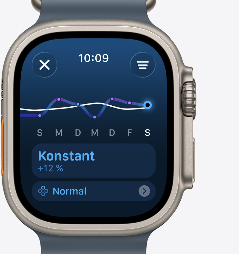 Apple Watch Ultra 3, Titangehäuse, Farbe Natur, Display mit Trainingsbelastung zeigt gleichmäßigen Trainingsanstieg