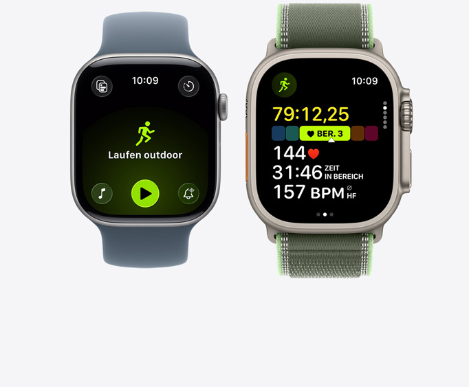 Apple Watch Series 11, Aluminiumgehäuse, Farbe Space Grau, geöffnetes Outdoor-Lauftraining mit Apple Music Steuerelementen zur Wiedergabe, Apple Watch Ultra 3, Titangehäuse, Farbe Natur, geöffnetes Lauftraining, Herzfrequenz in Zone 3