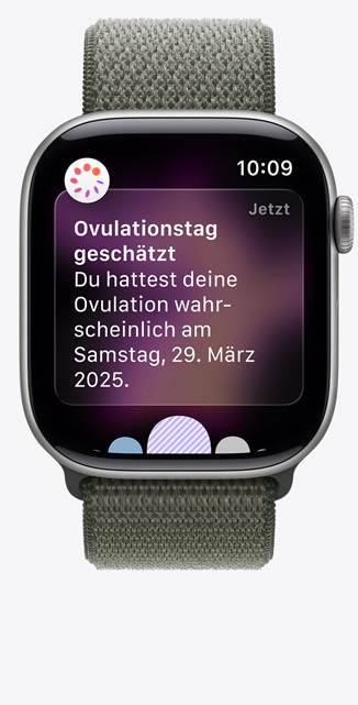 Apple Watch Series 11, Aluminiumgehäuse, Farbe Space Grau, Mitteilung vom Zyklusprotokoll zum geschätzten Ovulationsdatum in der Health App, Digital Crown, Armband, Sport Loop Waldgrün