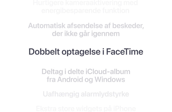 En liste med funktioner, hvor “Dual Capture i FaceTime” står skrevet med fed skrift i midten. De omgivende funktioner lægger sig i baggrunden ovenover og nedenunder.