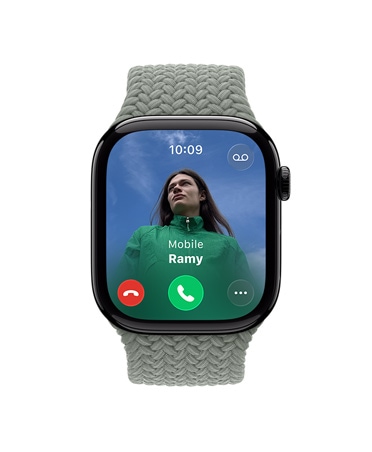 Apple Watch Series 11, natural color, aluminum case, incoming call, contact photo, accept and decline call buttons, right side exterior, Digital Crown, band, green gray Braided Solo Loop