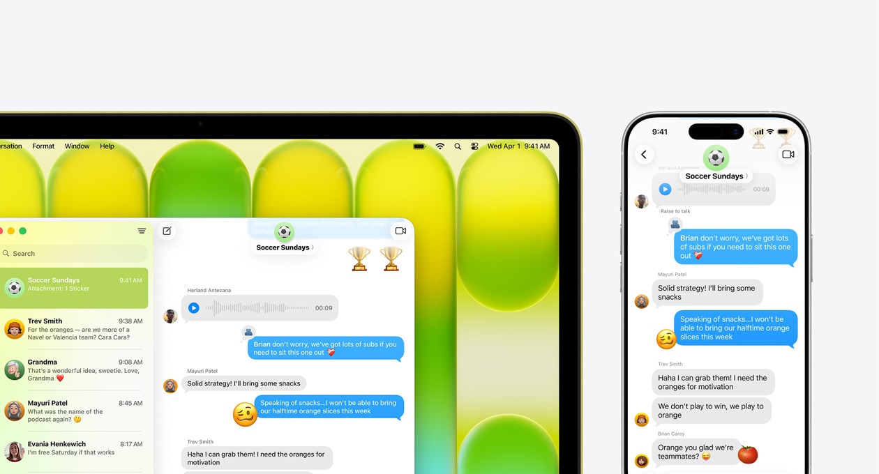 MacBook Neo, citrus color, showing group chat in Messages app titled ”Soccer Sundays” and other recent messages, iPhone next to it shows same group chat