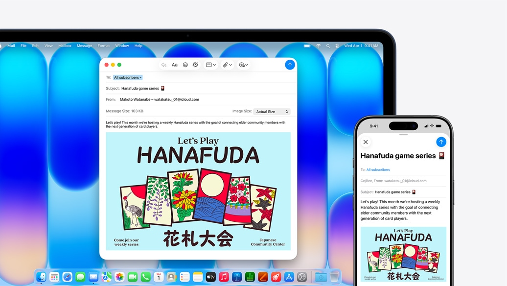 MacBook Neo, indigo color, next to iPhone, both screens show the same email, announcing an event at a community center