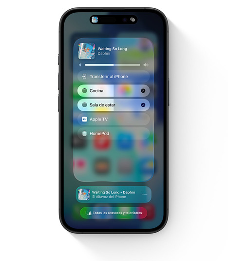Un iPhone muestra la interfaz de usuario de AirPlay con audio para varias habitaciones