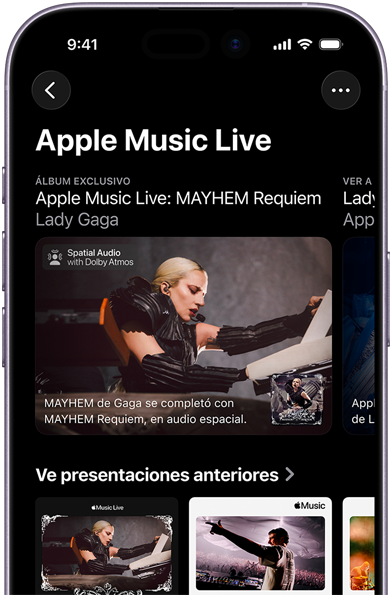 Pantalla de Apple Music Live en un iPhone que muestra Ver Ahora y actuaciones anteriores