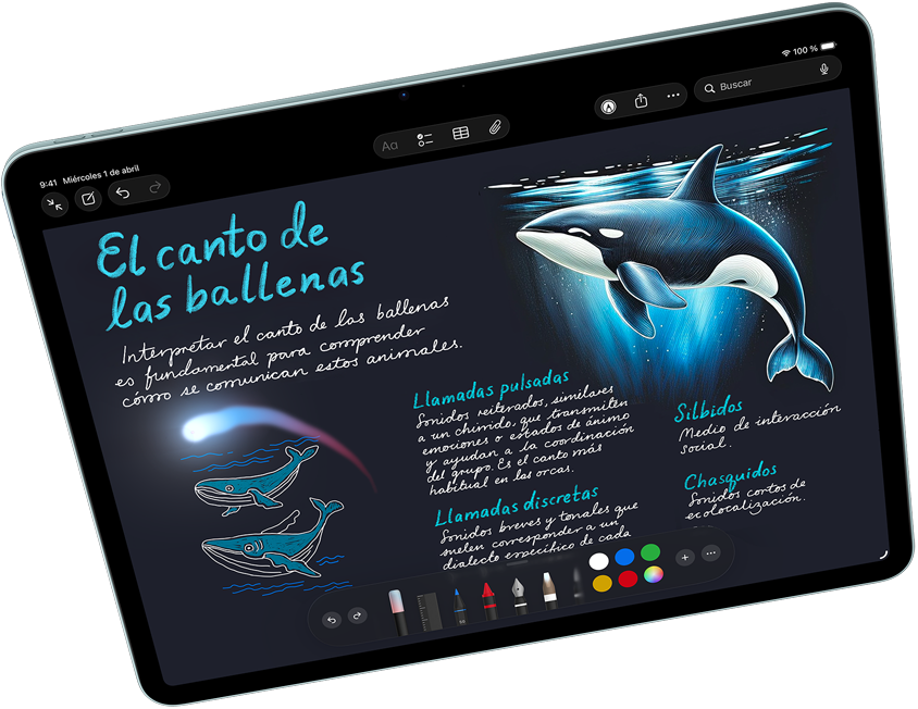 iPad Air en horizontal que muestra Apple Intelligence con Varita Gráfica en Notas, Apple Pencil Pro