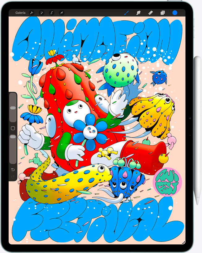 iPad Air, parte delantera exterior, app Procreate abierta, ilustración digital a todo color con varios personajes y objetos, Apple Pencil Pro