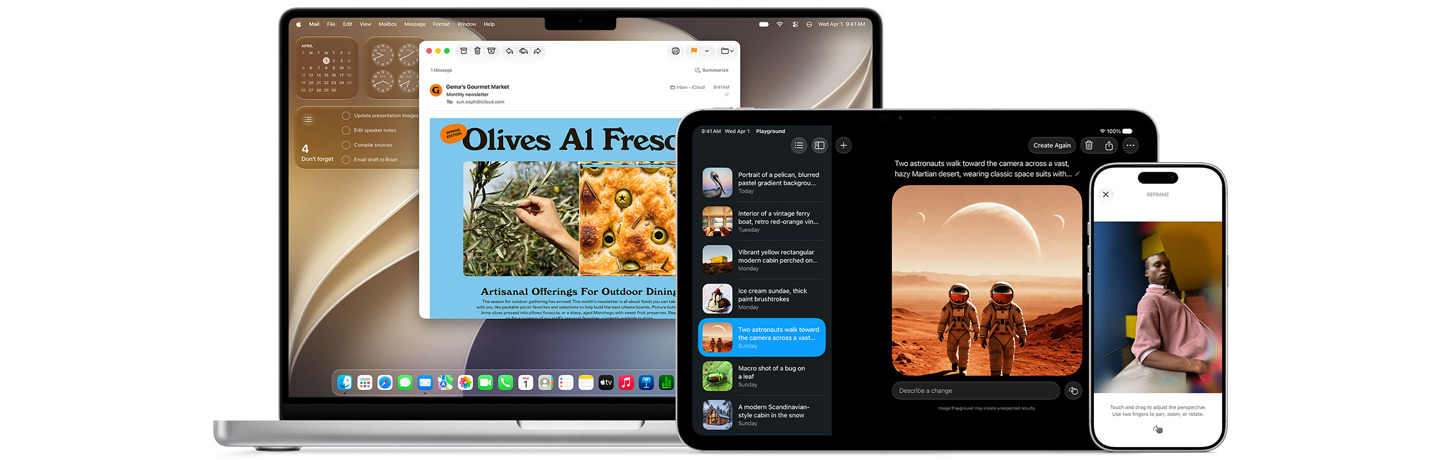 MacBook Pro 14-inch, Silver, iPad Pro 13-inch, Space Black, and iPhone 17, White, displayed together. MacBook Pro shows Mail app with a newsletter email from Gemu's Gourmet Market open, with Reminders and Calendar widgets visible on the desktop. iPad Pro shows Image Playground with an AI-generated image of two astronauts walking toward the camera across a hazy Martian desert, alongside a sidebar of previous image generation prompts. iPhone 17 shows the Photos Reframe feature with a portrait of a person in a pink top and on-screen instructions to adjust perspective by touch.