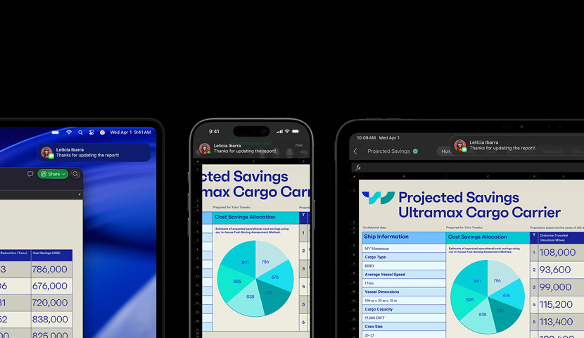 Et regneark og en tekstbesked vist på en række enheder, herunder iPhone, iPad, Apple Watch og Mac, som viser macOS Tahoe.