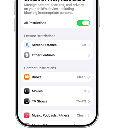iPhone su cui compaiono le opzioni per limitare i contenuti e gestire la privacy in un account per bambini.