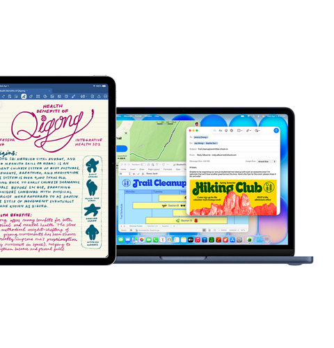 iPad-skärm som visar Goodnotes, Mac-skärmen visar flera appar som används samtidigt